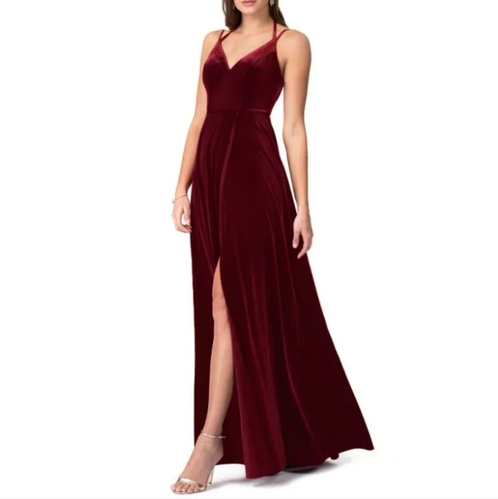Azazie Long Velvet formal Dress  dark Red Gown High Split size 4 A